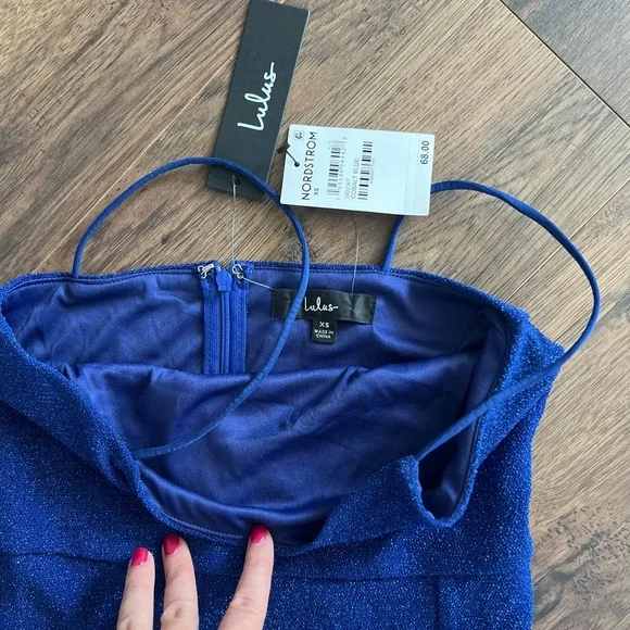 NWT - Lulus Take Me Anywhere Cobalt Sparkly Asymmetrical Bodycon Mini Dress XS - Picture 6 of 6